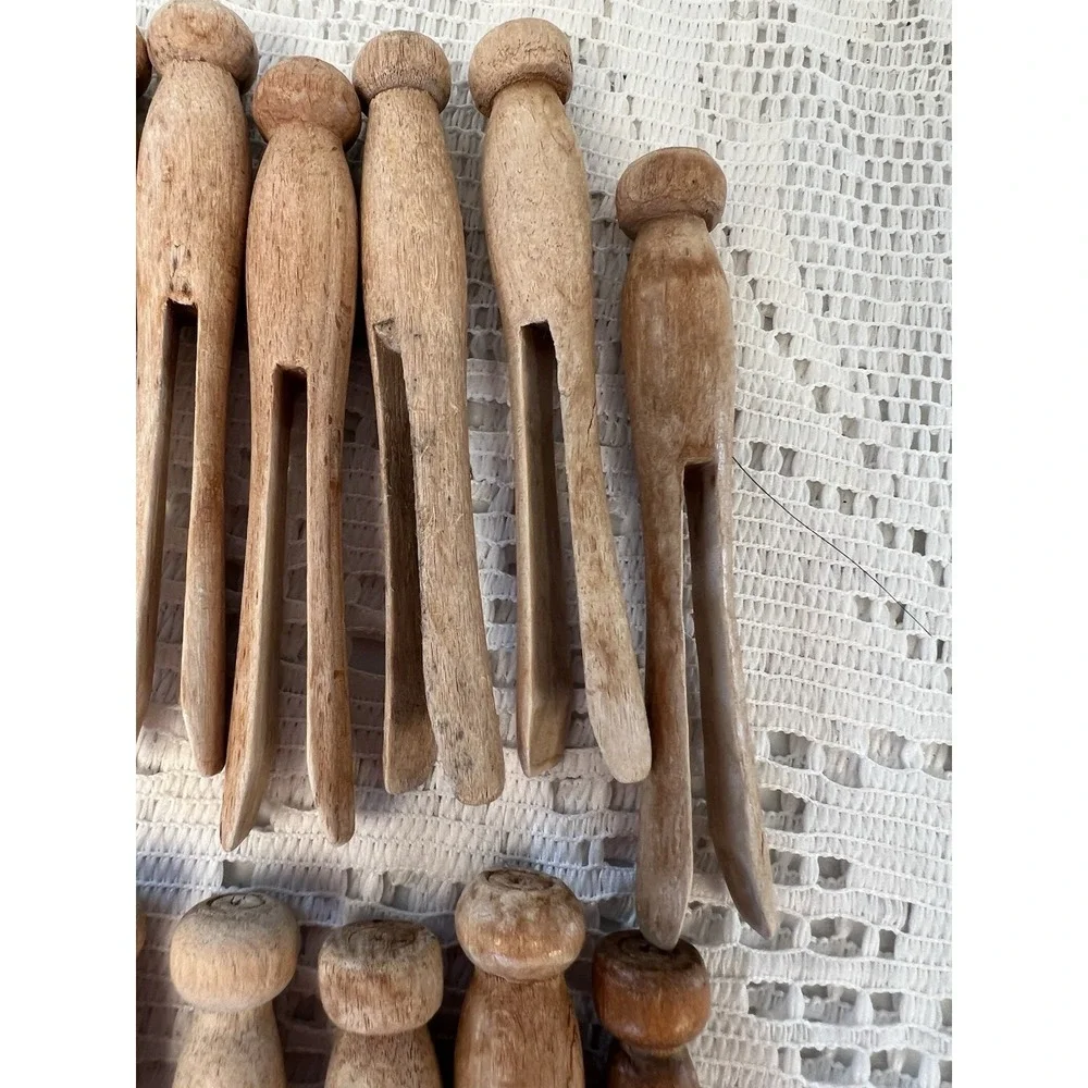 12 Antique Vintage Solid Wood Clothes Pins Round Head Primitive Wooden